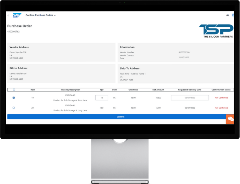 Purchase order confirmation in SAP Supplier Portal